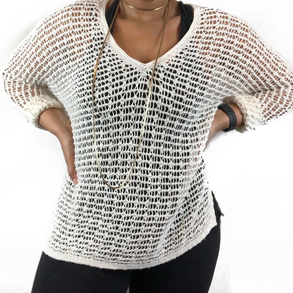 Nic + Zoe • Cream Open Knit V-neck Sweater.